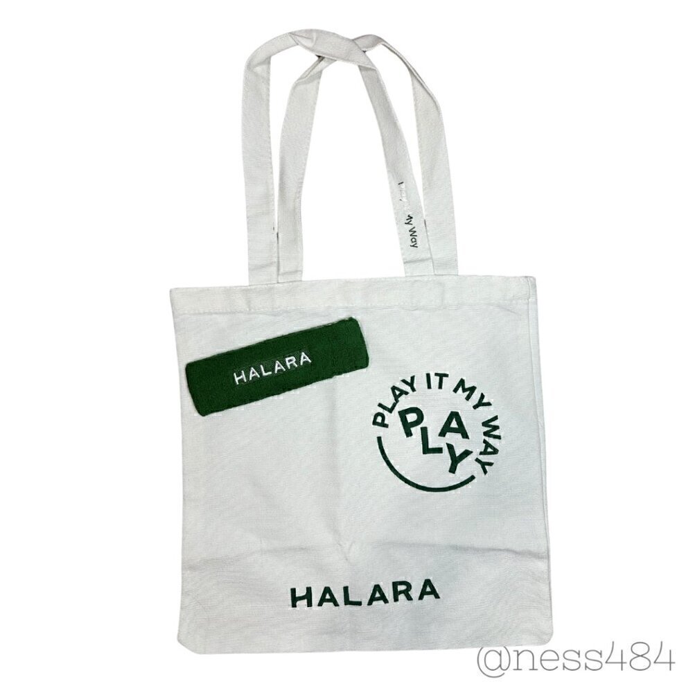 HALARA White Canvas Tote Bag Play It My Way Logo Green Accent W/HEADBAND